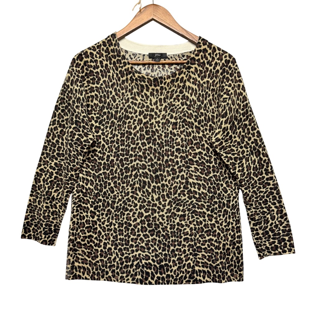 J.Crew Sweater Women L Leopard Print Merino Wool Crewneck Quiet Luxury Mob Wife